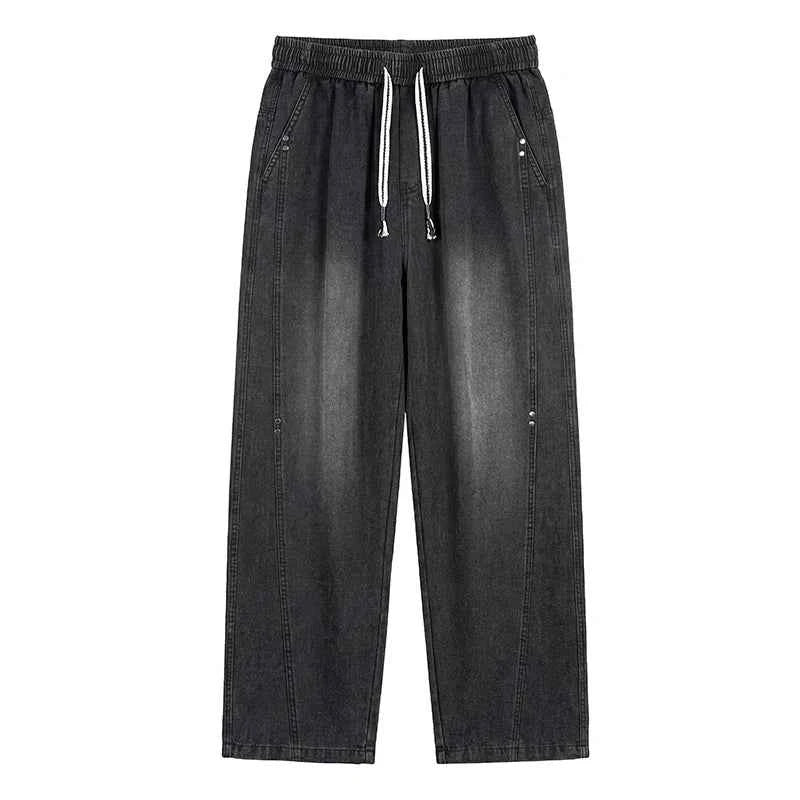 Men's Vintage Washed Wide Leg Jeans Elastic Drawstring Waist Baggy Streetwear Denim Trousers oversized Trousers fit