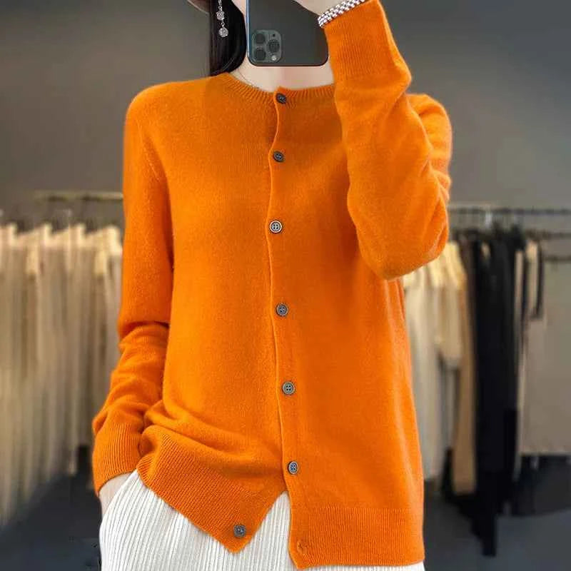 100% Merino Wool Sweater Women O-Neck Cardigan Basic Style Buttoned Knitwear Female Casual Autumn Winter Soft Tops