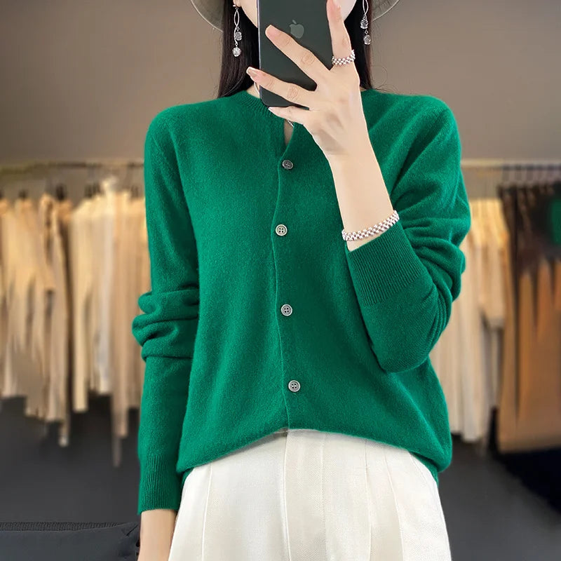 100% Merino Wool Sweater Women O-Neck Cardigan Basic Style Buttoned Knitwear Female Casual Autumn Winter Soft Tops GONZALES ONLINE SHOP