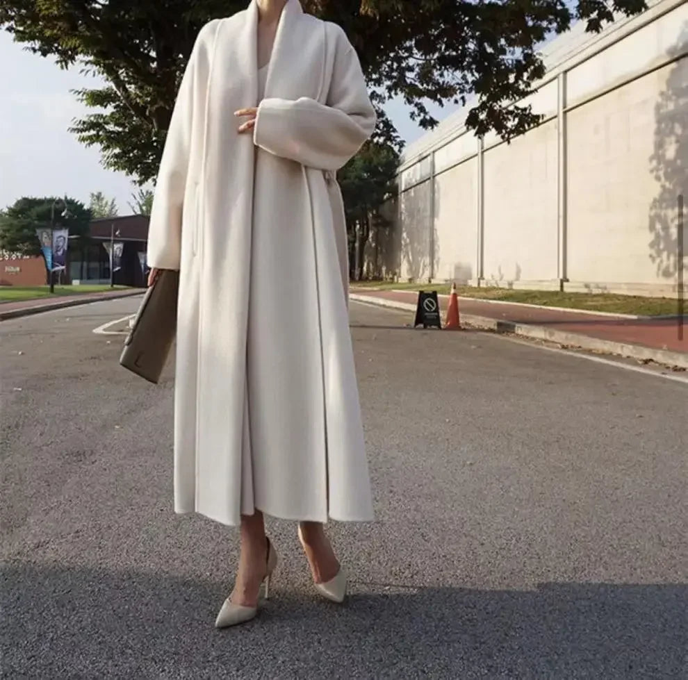 Elegant Korea Chic Woolen Coat for Women - Long Sleeve Loose White Overgarment for Autumn Winter 2023 - GONZALES ONLINE SHOP