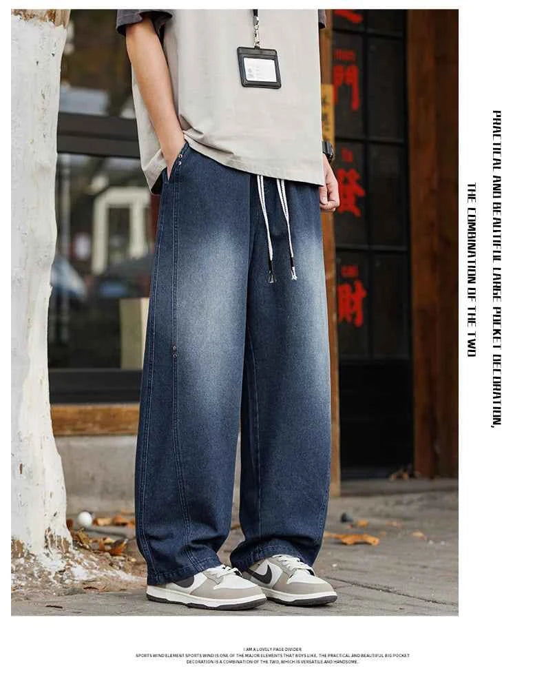 Men's Vintage Washed Wide Leg Jeans Elastic Drawstring Waist Baggy Streetwear Denim Trousers oversized Trousers fit