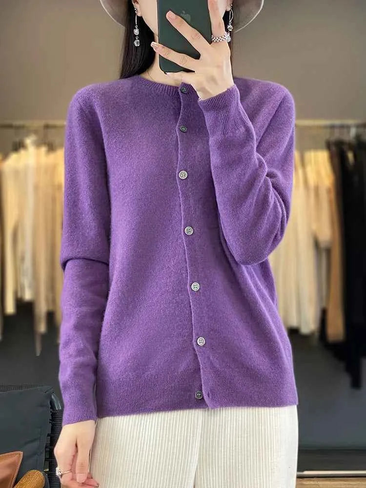 100% Merino Wool Sweater Women O-Neck Cardigan Basic Style Buttoned Knitwear Female Casual Autumn Winter Soft Tops