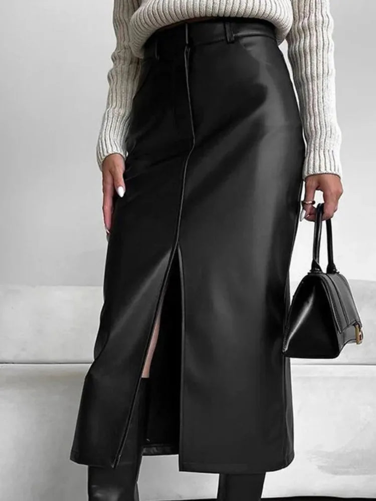 Leather Skirt High Waist Women Front Slit Spring Autumn Long Skirt High Waisted Office Lady Slim Skirts Elegant Ropa De Mujer GONZALES ONLINE SHOP