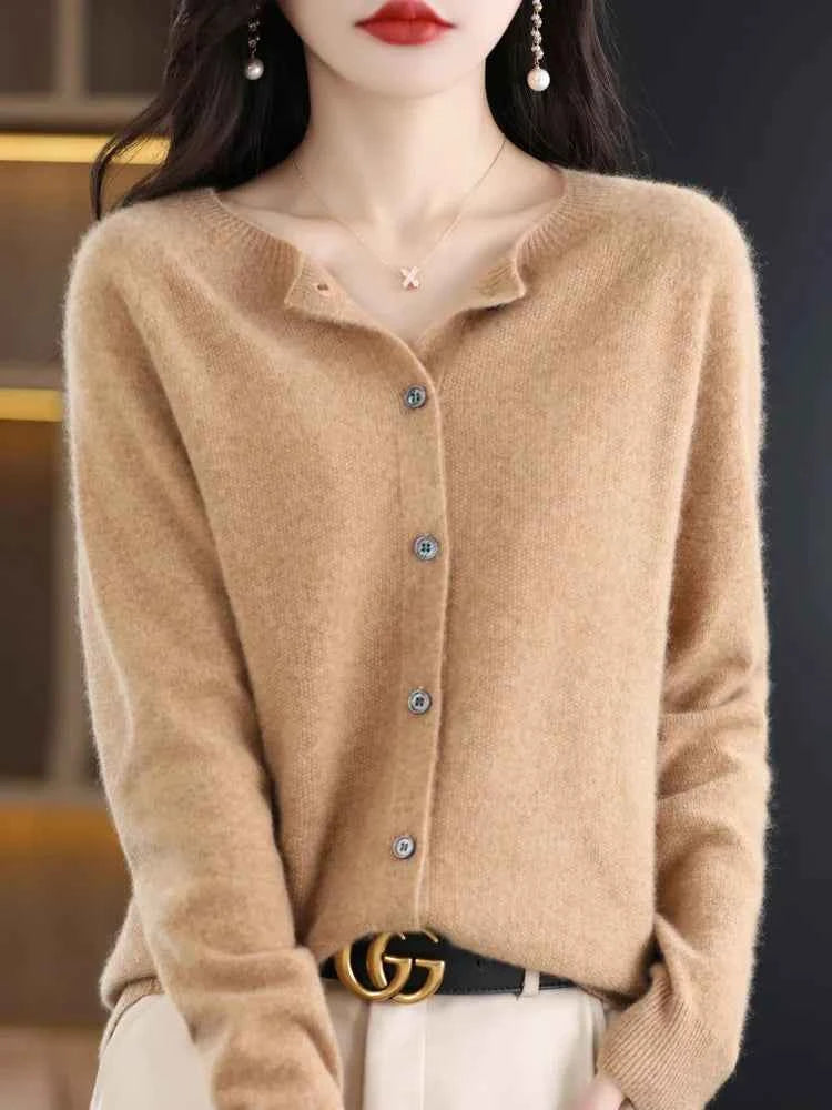 Women Cashmere Sweater 100% Merino Wool Knitted Cardigan Autumn Winter Knitwear O-Neck Female Solid Color Casual Fashion Top