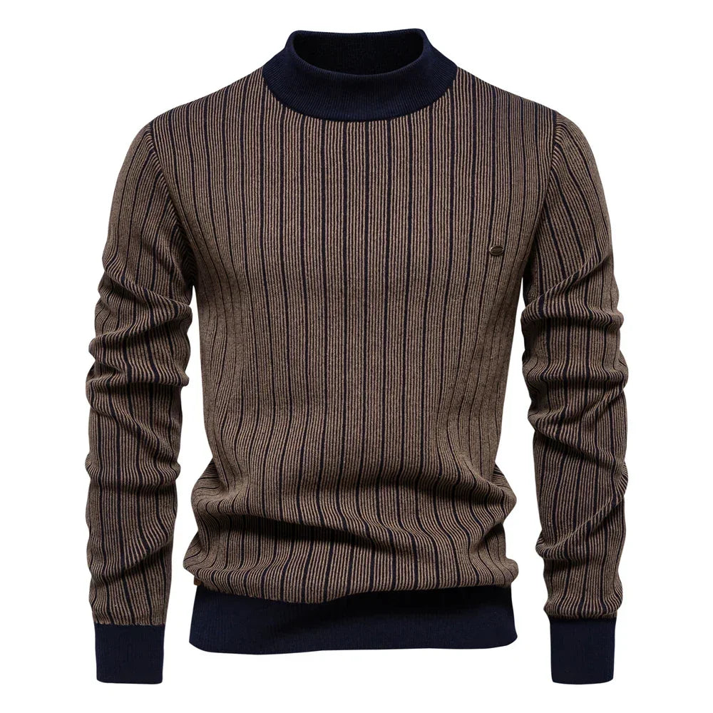 AIOPESON Mens Mock Neck Pullover Sweater - New Design Cotton Stripped Sweater for Autumn Winter Warmth - GONZALES ONLINE SHOP