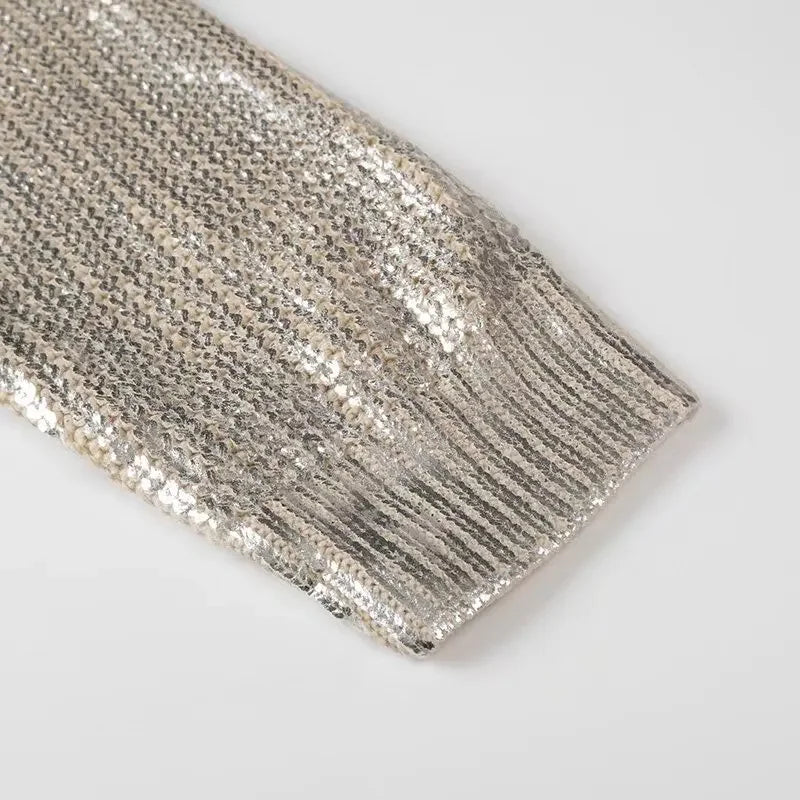 2024 Spring Women Retro Bronzing Silver Sweater Drop Shoulder Long Sleeve Rib Knitted Pullover Knitwear Jumper - GONZALES ONLINE SHOP