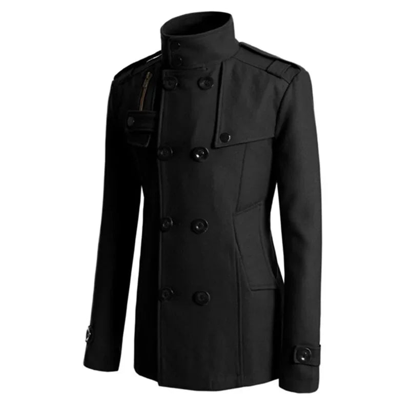 Men s Solid Color Trench Coat Long Sleeve Stand Collar Double Breasted Warm Soft Wool Overcoat - GONZALES ONLINE SHOP
