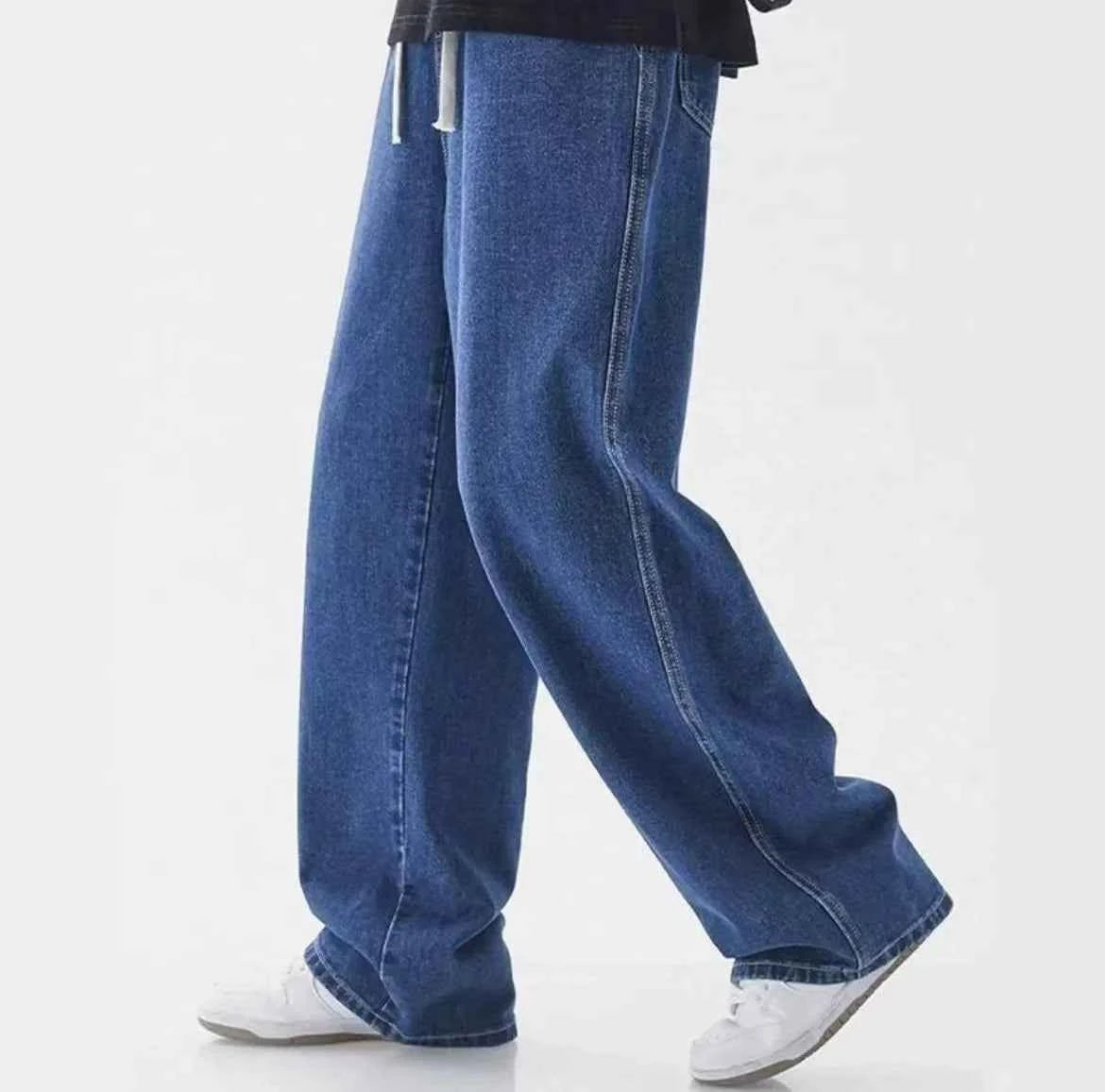 2026 Spring Drawstring Elastic Waist Men's Jeans Straight Wide Leg Loose Trend Casual Pants Pants