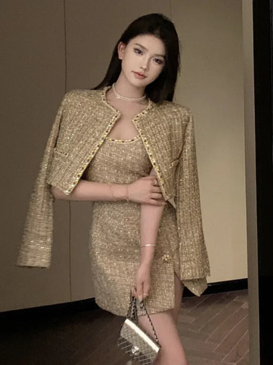 High Street French Small Fragrant Tweed Two Piece Set Women Woolen Jacket Coat + Dress Suits Autumn Winter Luxury 2 Piece Outfit - GONZALES ONLINE SHOP