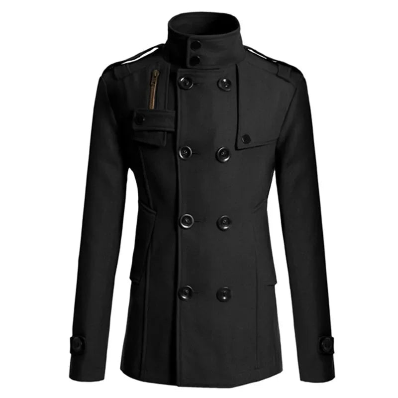 Men s Solid Color Trench Coat Long Sleeve Stand Collar Double Breasted Warm Soft Wool Overcoat - GONZALES ONLINE SHOP
