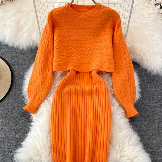 Women's Knit Sweater Dress Set Long Sleeve & Sleeveless Two-Piece - GONZALES ONLINE SHOP