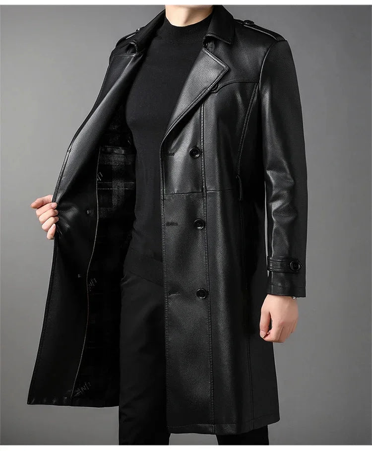 Genuine Leather Jacket Men Mid-length Windbreaker Autumn Winter Casual Jackets Suit Collar Double-breasted Coats Jaqueta - GONZALES ONLINE SHOP