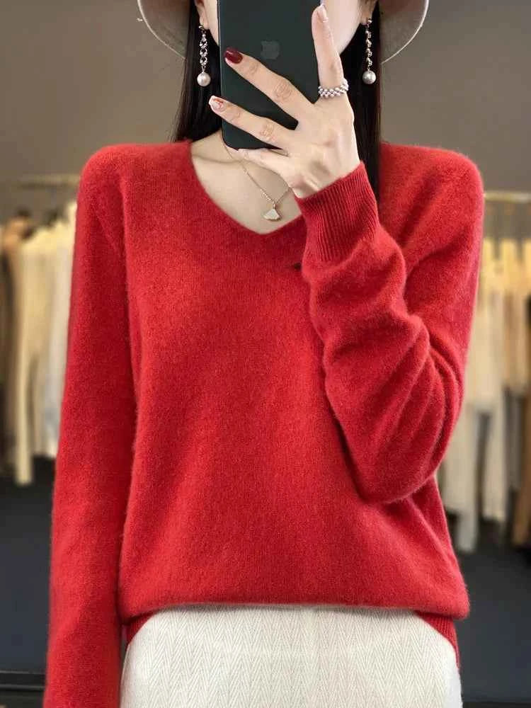 Fashion100% Merino Wool Sweater Cashmere Pullover Women Knitwear V-Neck Long Sleeve Autumn Winter Fashion Basic Clothing Tops