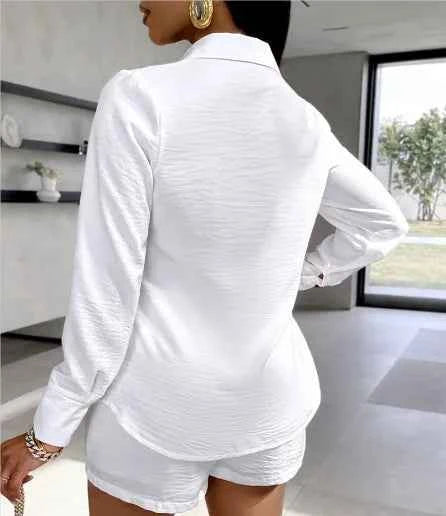 Fashion Two Piece Outfits Women's Turn-down Collar Pocket Design Button Shirt Top & Shorts Set New Summer Women Solid 2pcs Sets