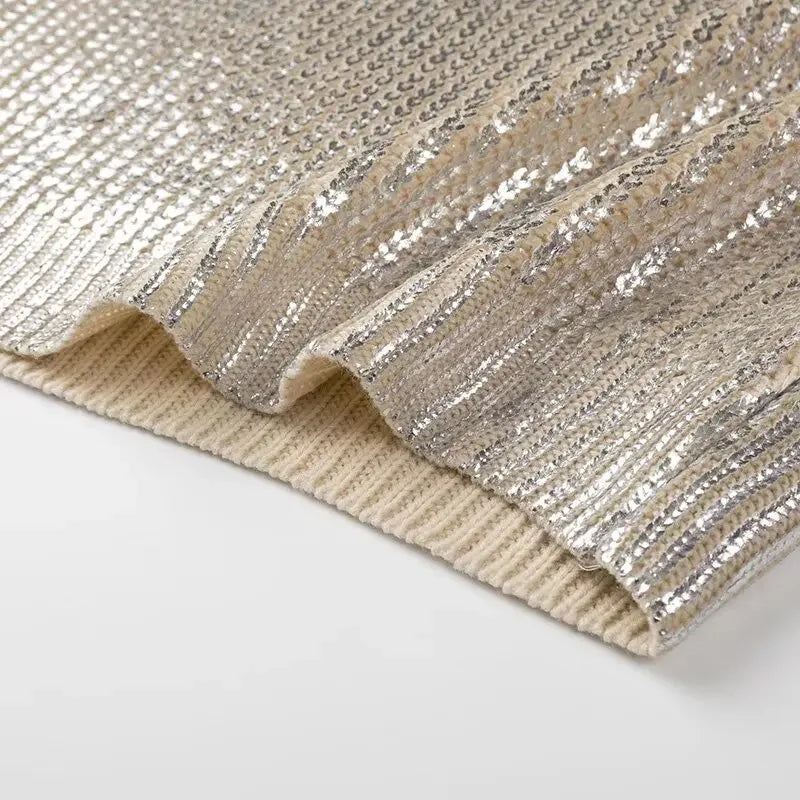 2024 Spring Women Retro Bronzing Silver Sweater Drop Shoulder Long Sleeve Rib Knitted Pullover Knitwear Jumper - GONZALES ONLINE SHOP