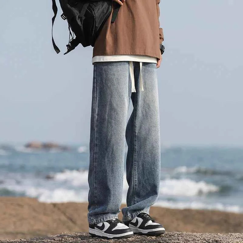 Men's summer loose straight leg pants with elastic drawstring, casual jeans, comfortable, fashionable and trendy jeans