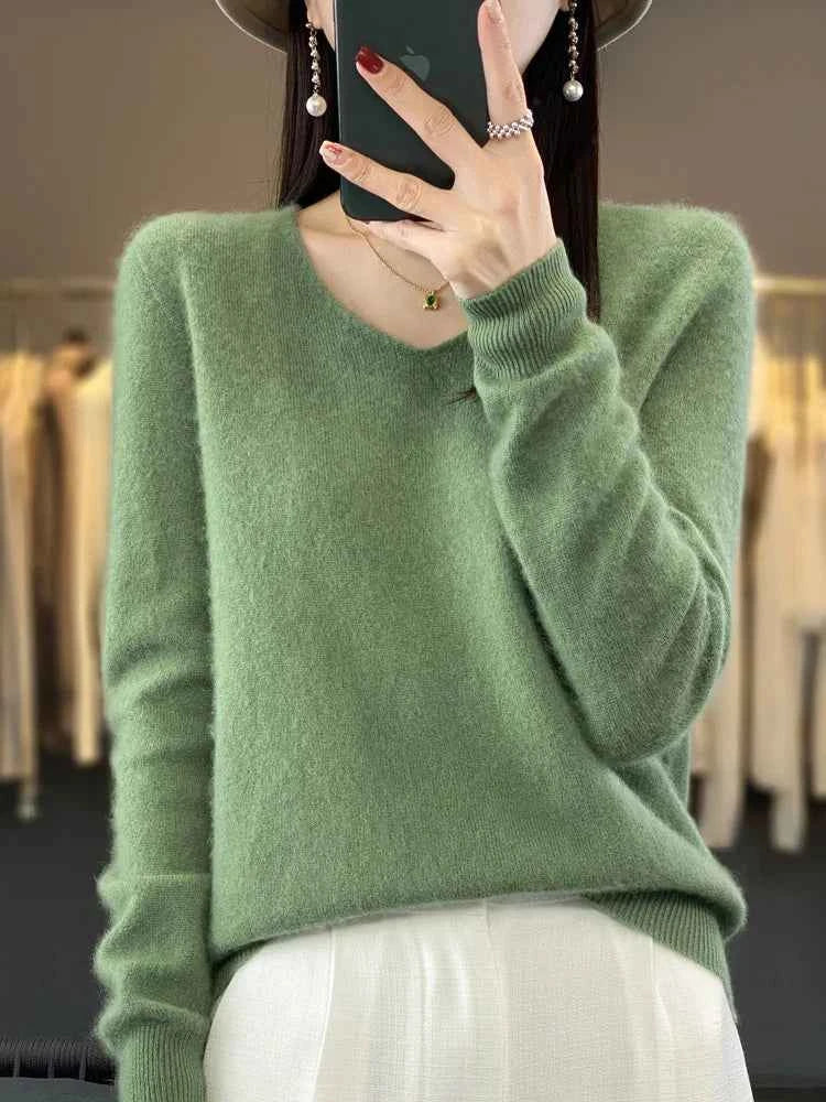 Fashion100% Merino Wool Sweater Cashmere Pullover Women Knitwear V-Neck Long Sleeve Autumn Winter Fashion Basic Clothing Tops
