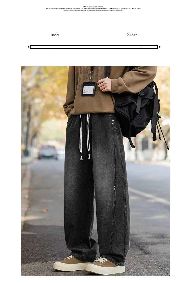 Men's Vintage Washed Wide Leg Jeans Elastic Drawstring Waist Baggy Streetwear Denim Trousers oversized Trousers fit