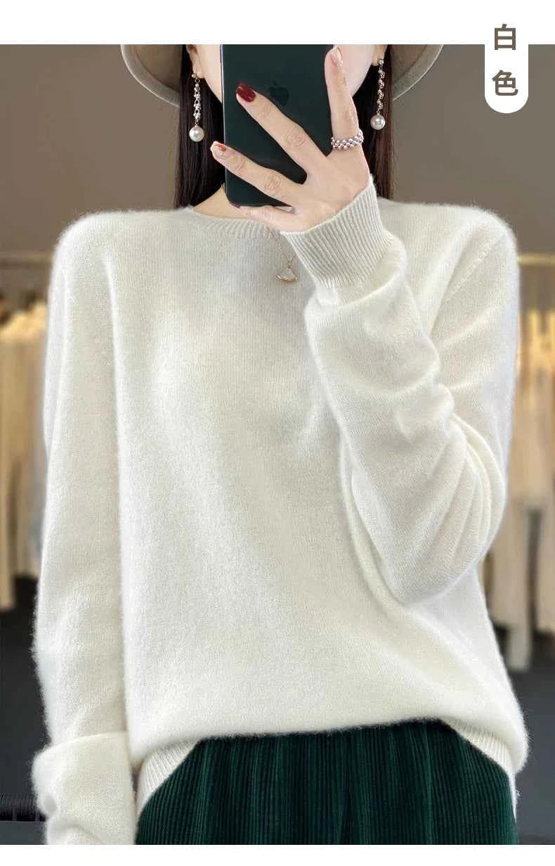 100% Merino Wool Sweater Women O-neck Cashmere Knitwear Female Pullover Autumn Winter Casual Tops Solid Color Soft Clothing