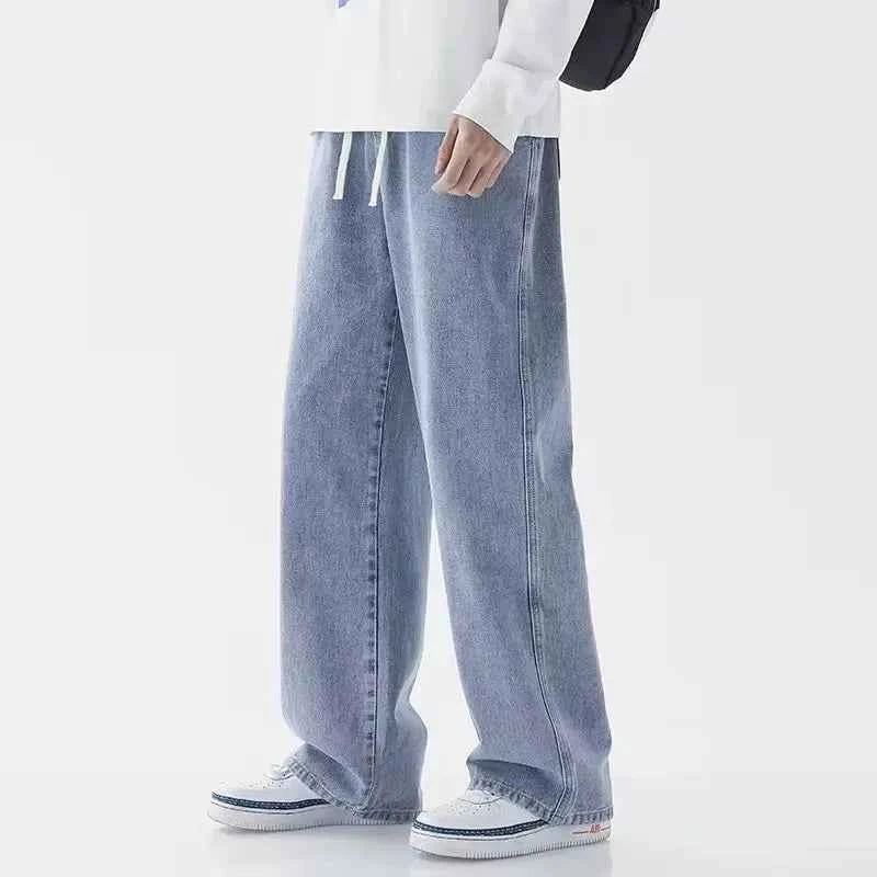 Light Wash Men's Drawstring Jeans Loose Straight Leg Floor-Length Trendy Casual Wide Leg Long Trousers Comfortable Fit