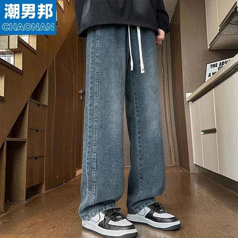 Men's Drawstring Waist Loose Straight Leg Jeans Summer Casual Wide Leg Denim Pants