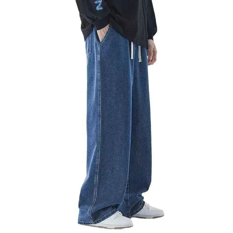 2026 Spring/summer New Men Solid Color Drawstring Pocket Jeans Straight Tube Loose and Fashionable Sports Casual Wide Leg Pants