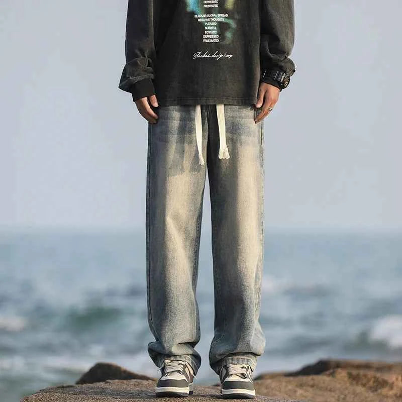 Men's summer loose straight leg pants with elastic drawstring, casual jeans, comfortable, fashionable and trendy jeans