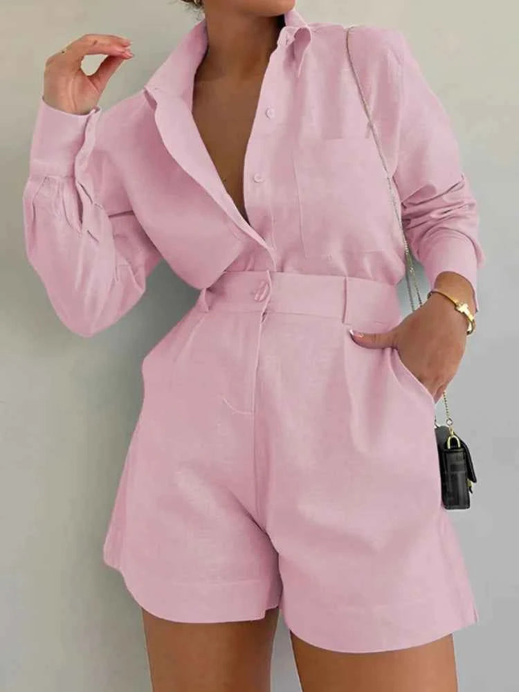 Women Long Sleeve 2 Pieces Sets Casual Simple Button Pockets Short Pant with Shirts Tops 2026 Summer Fashion Suit Female Outfits