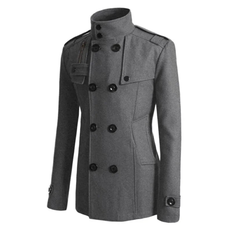 Men s Solid Color Trench Coat Long Sleeve Stand Collar Double Breasted Warm Soft Wool Overcoat - GONZALES ONLINE SHOP