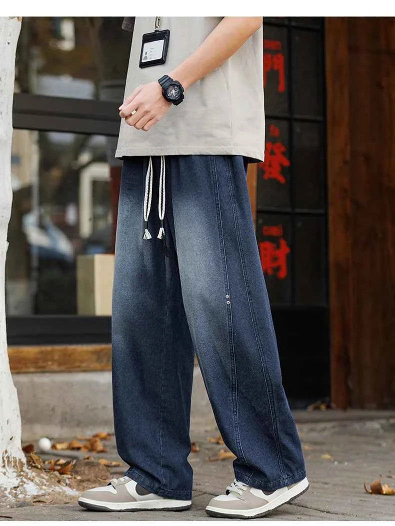 Men's Vintage Washed Wide Leg Jeans Elastic Drawstring Waist Baggy Streetwear Denim Trousers oversized Trousers fit