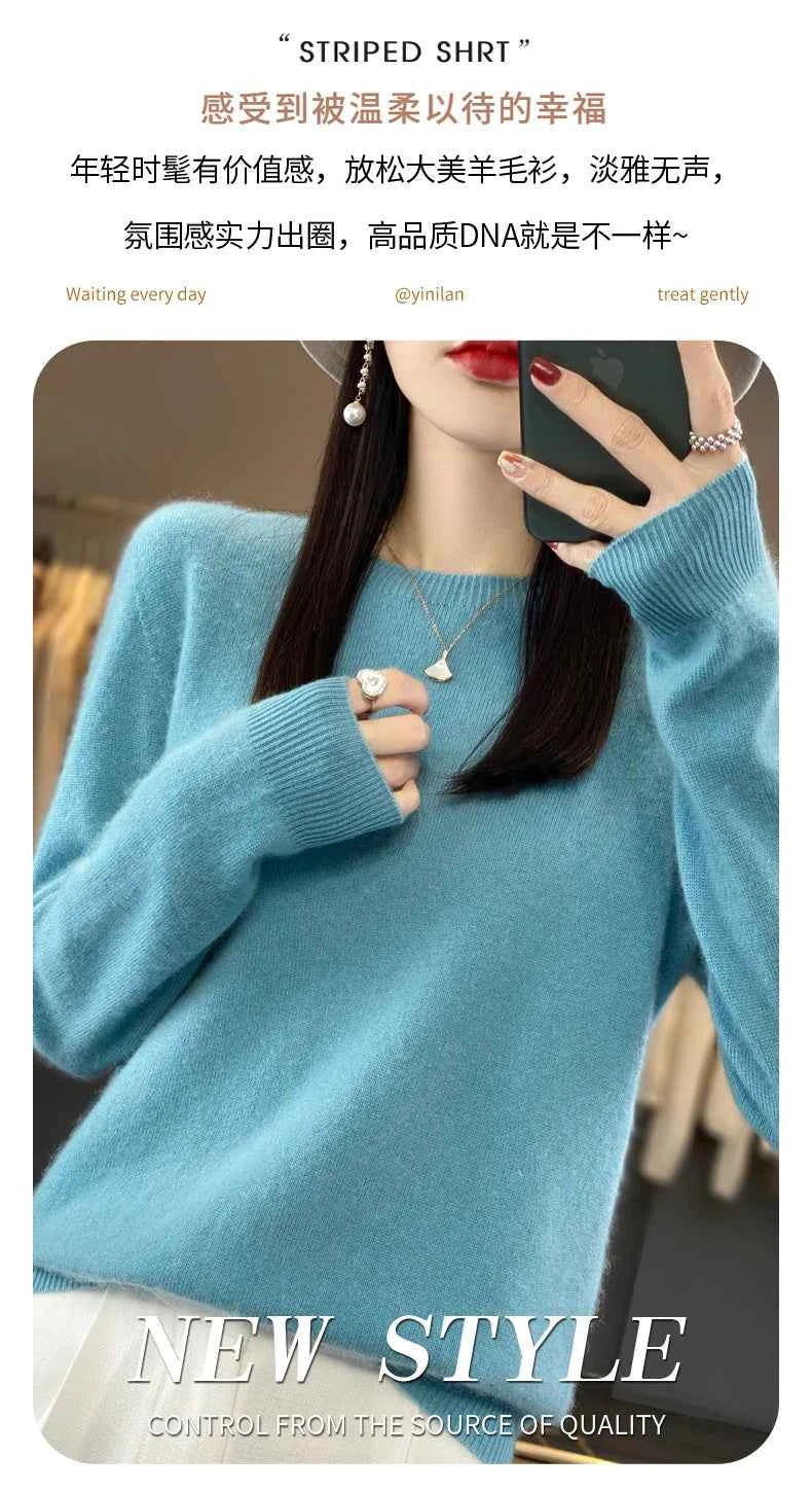 100% Merino Wool Sweater Women O-neck Cashmere Knitwear Female Pullover Autumn Winter Casual Tops Solid Color Soft Clothing