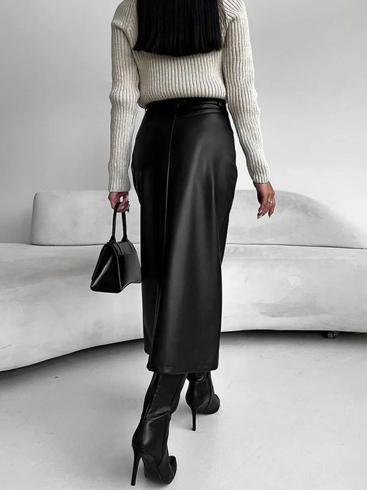 Leather Skirt High Waist Women Front Slit Spring Autumn Long Skirt High Waisted Office Lady Slim Skirts Elegant Ropa De Mujer GONZALES ONLINE SHOP