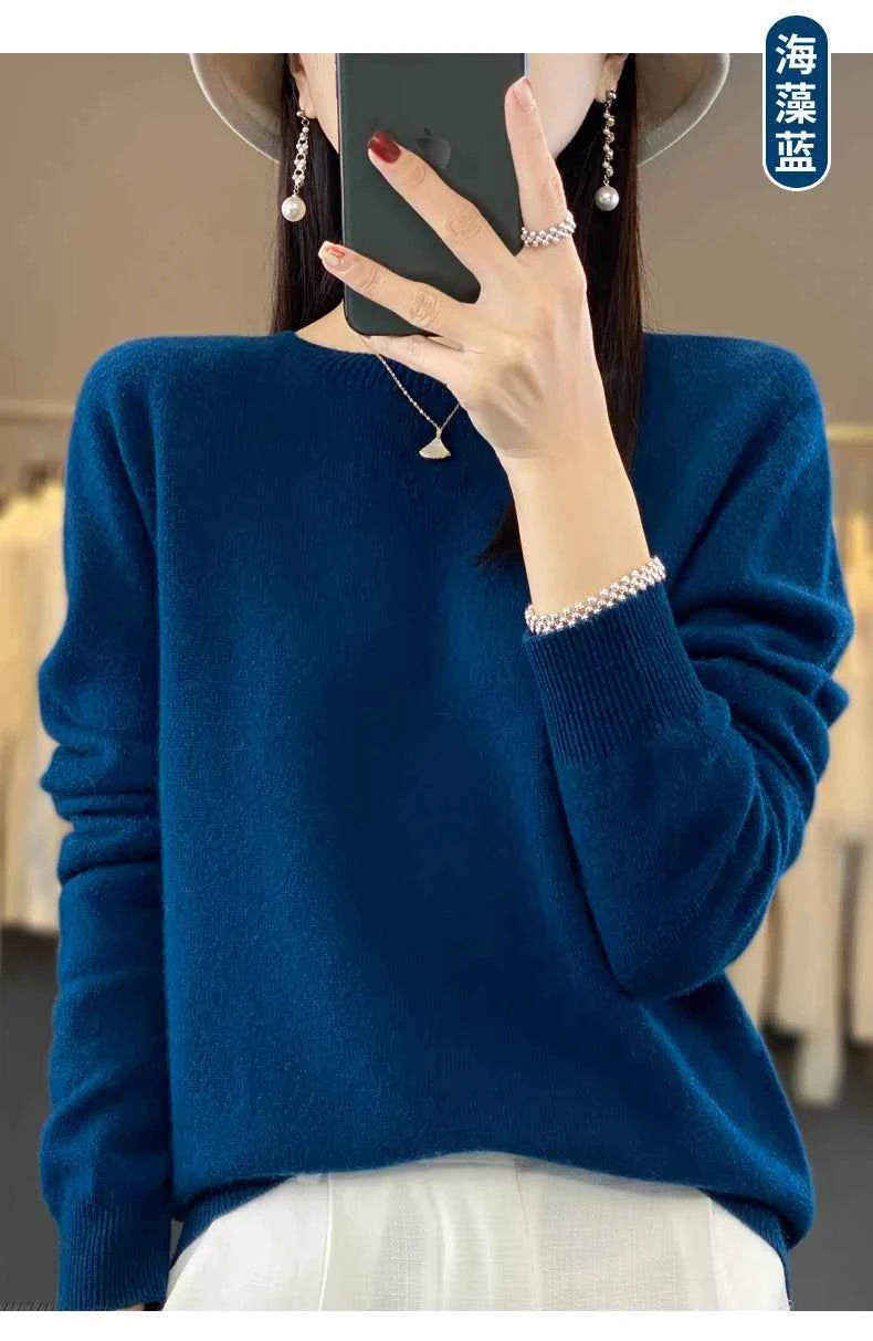 100% Merino Wool Sweater Women O-neck Cashmere Knitwear Female Pullover Autumn Winter Casual Tops Solid Color Soft Clothing