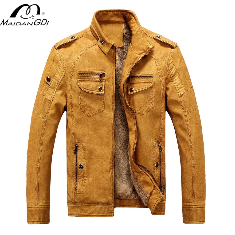 MaiDangDi Winter Men's Washed Leather Jacket European and American Casual Thickened Men's Coat Men's Thick Leather Jacket - GONZALES ONLINE SHOP