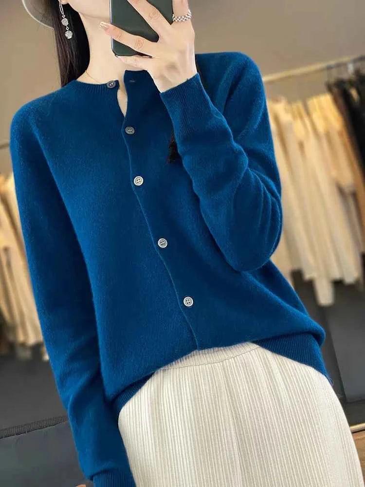 100% Merino Wool Sweater Women O-Neck Cardigan Basic Style Buttoned Knitwear Female Casual Autumn Winter Soft Tops
