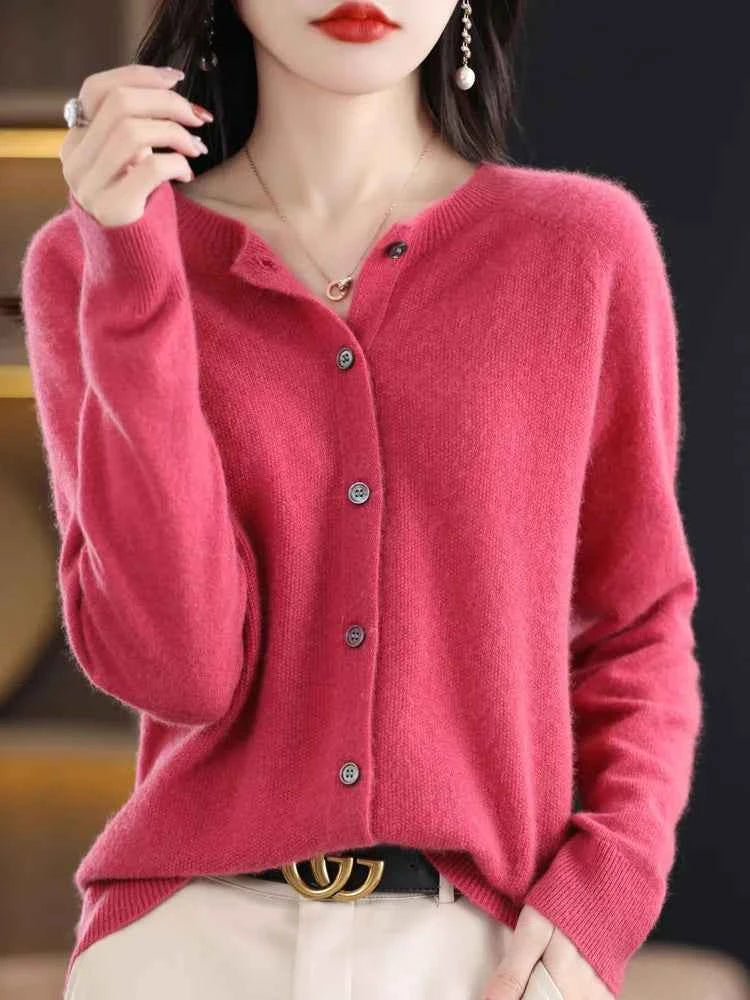 Women Cashmere Sweater 100% Merino Wool Knitted Cardigan Autumn Winter Knitwear O-Neck Female Solid Color Casual Fashion Top