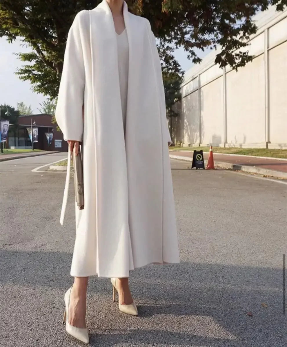 Elegant Korea Chic Woolen Coat for Women - Long Sleeve Loose White Overgarment for Autumn Winter 2023 - GONZALES ONLINE SHOP