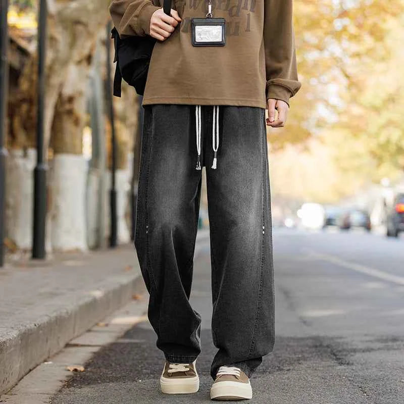 Men's Vintage Washed Wide Leg Jeans Elastic Drawstring Waist Baggy Streetwear Denim Trousers oversized Trousers fit