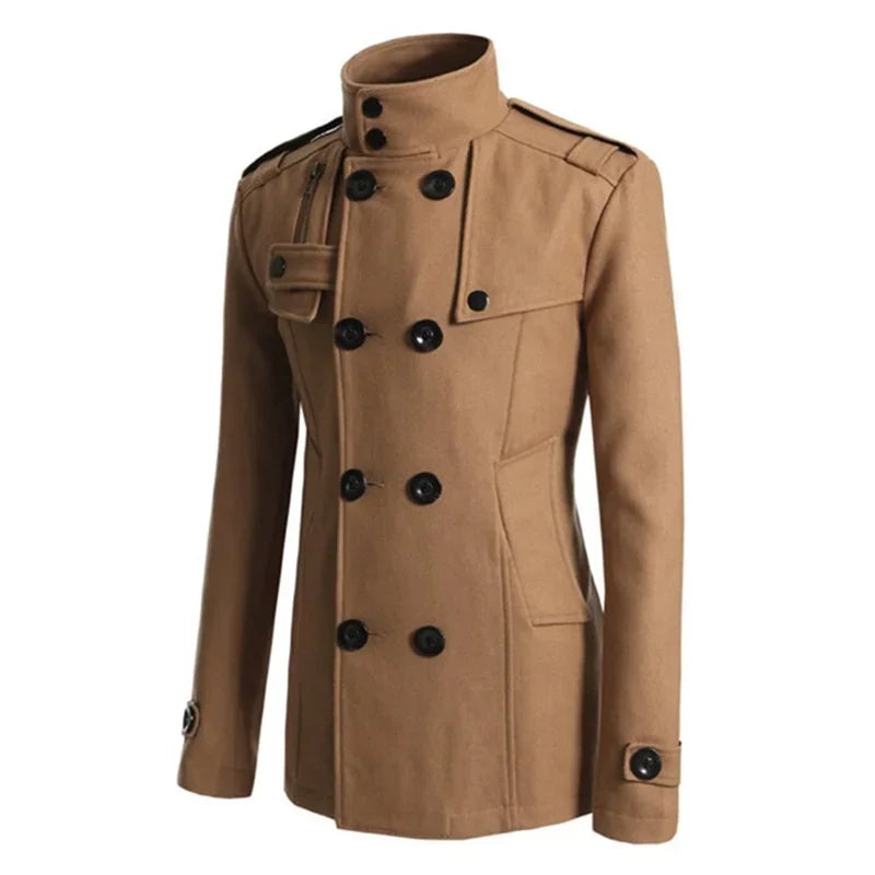 Men s Solid Color Trench Coat Long Sleeve Stand Collar Double Breasted Warm Soft Wool Overcoat - GONZALES ONLINE SHOP
