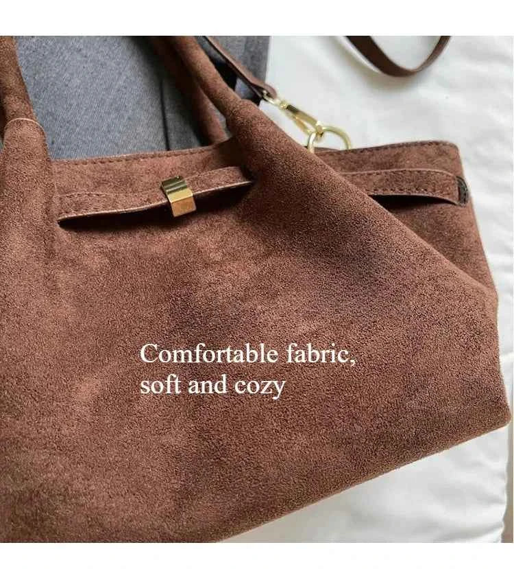Matte Leather Suede Tote Handbags for Women Large Capacity Retro Shoulder Bag Fall Winter Belt Design Female Crossbody Bags