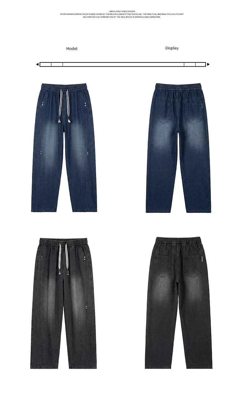 Men's Vintage Washed Wide Leg Jeans Elastic Drawstring Waist Baggy Streetwear Denim Trousers oversized Trousers fit