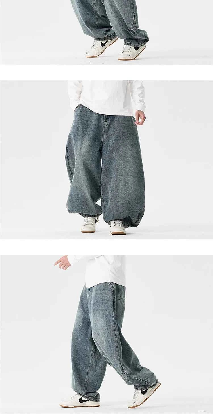 Denim Wide Leg Pants Mens Fashion Casual Pants Loose Hip Hop Lantern Pants Streetwear Jeans Male Elastic Waist Trousers Oversize