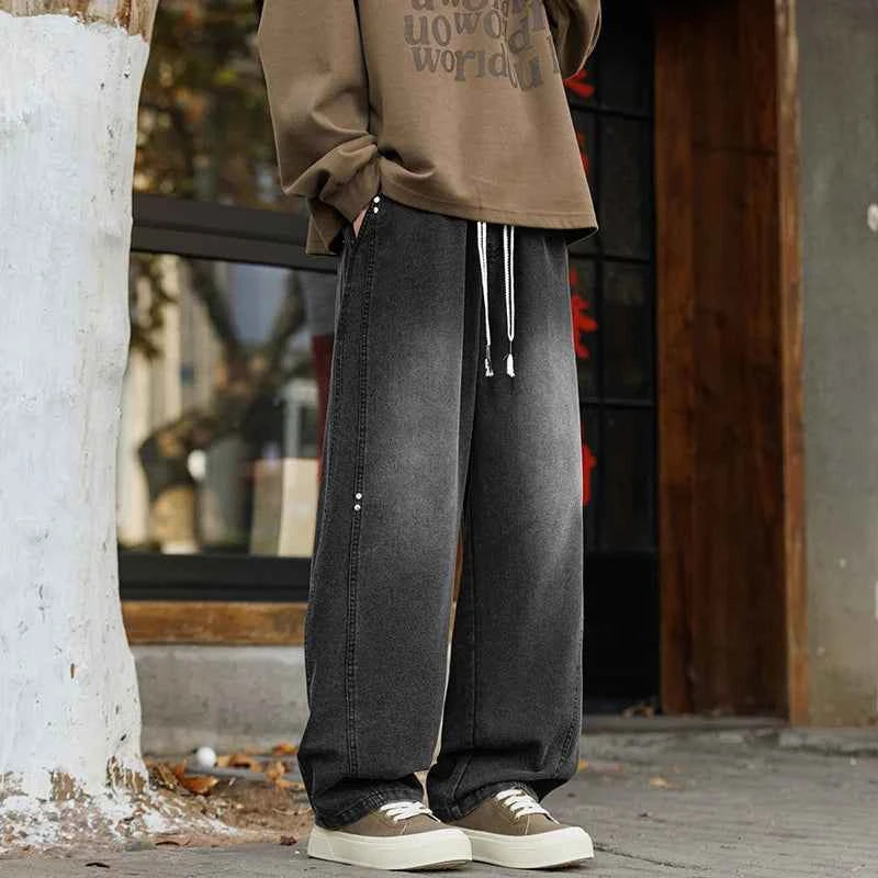 Men's Vintage Washed Wide Leg Jeans Elastic Drawstring Waist Baggy Streetwear Denim Trousers oversized Trousers fit