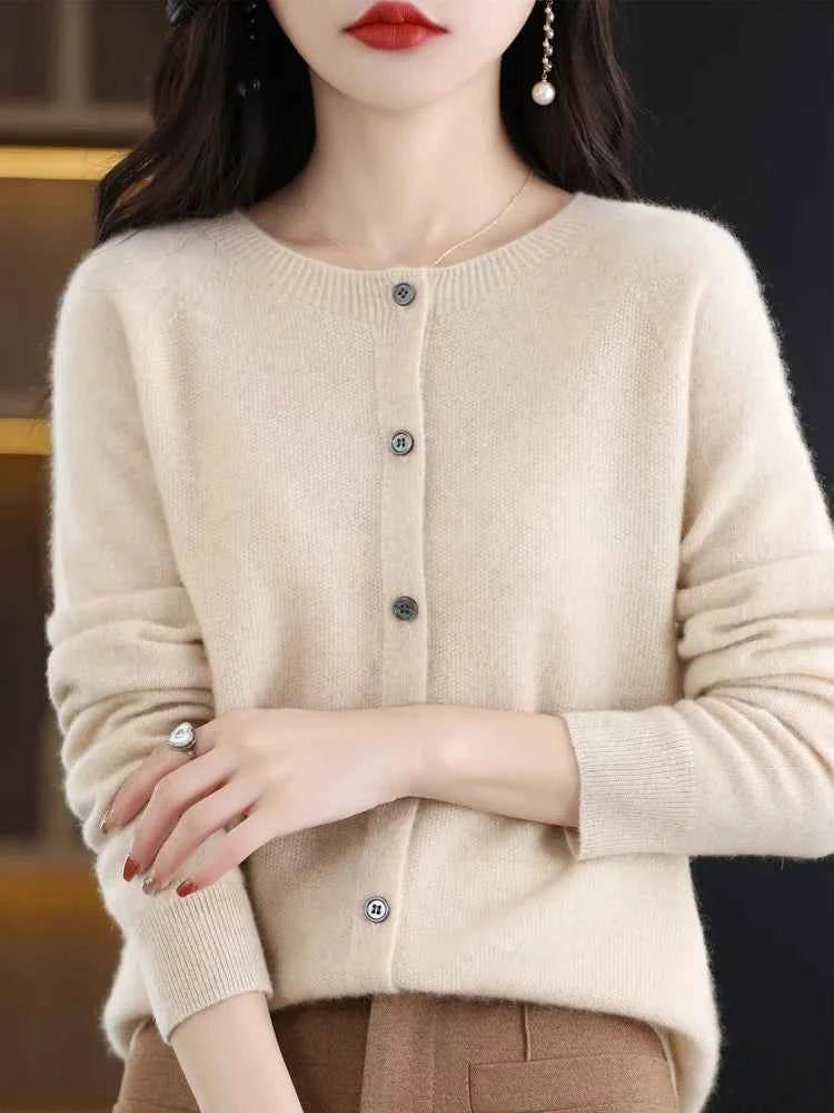 Women Cashmere Sweater 100% Merino Wool Knitted Cardigan Autumn Winter Knitwear O-Neck Female Solid Color Casual Fashion Top