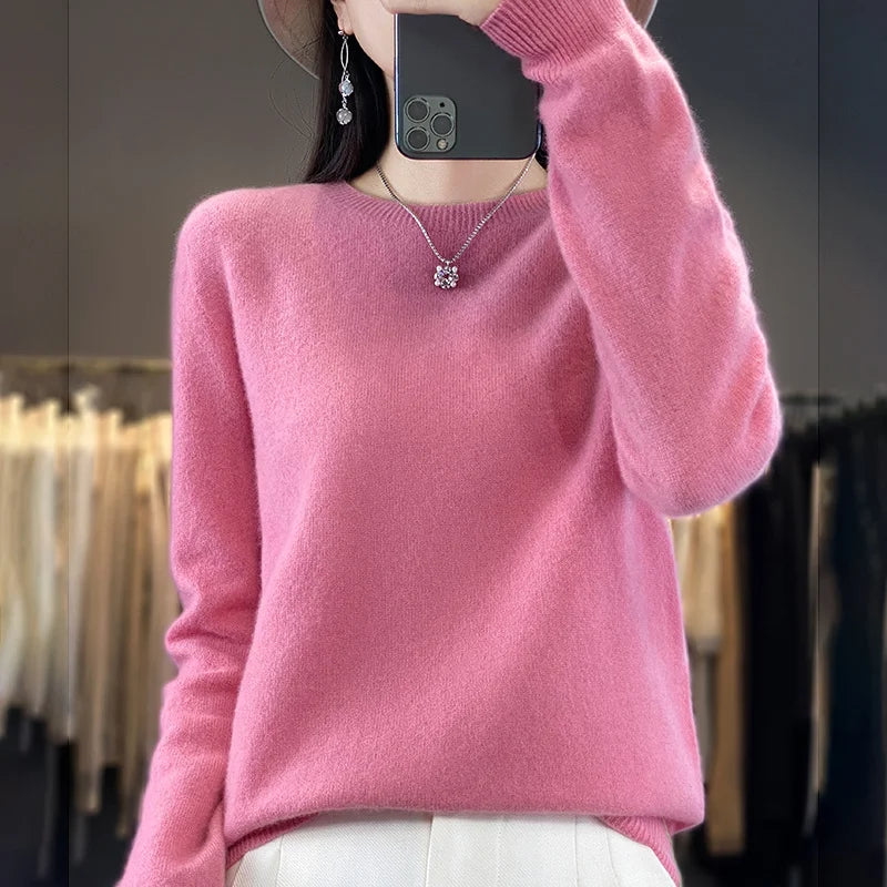 100% Merino Wool Sweater Women O-neck Cashmere Knitwear Female Pullover Autumn Winter Casual Tops Solid Color Soft Clothing GONZALES ONLINE SHOP