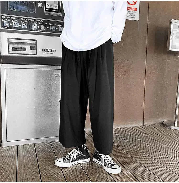Wide Leg Pants Men Drape Straight Loose Harajuku Vintage Japan Style Ankle-length Trousers Cozy Versatile Black Pantalones Male