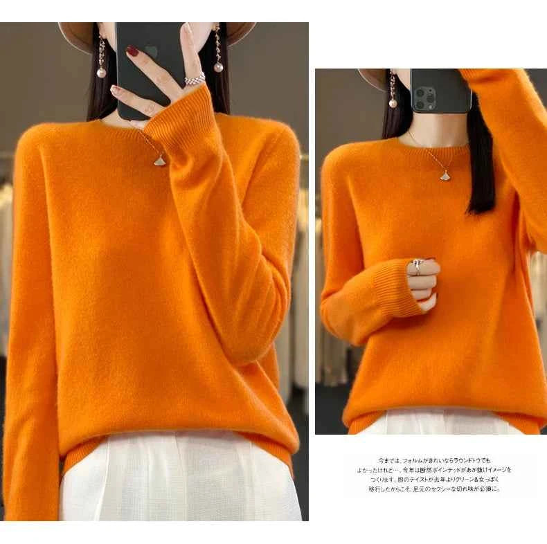 100% Merino Wool Sweater Women O-neck Cashmere Knitwear Female Pullover Autumn Winter Casual Tops Solid Color Soft Clothing
