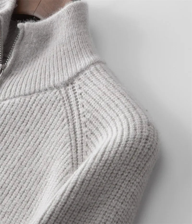 Men's Cashmere Knit Cardigan Half High Collar Zip-up Coat Wool Autumn Winter Fit Thick Sweaters Men Jacket GONZALES ONLINE SHOP