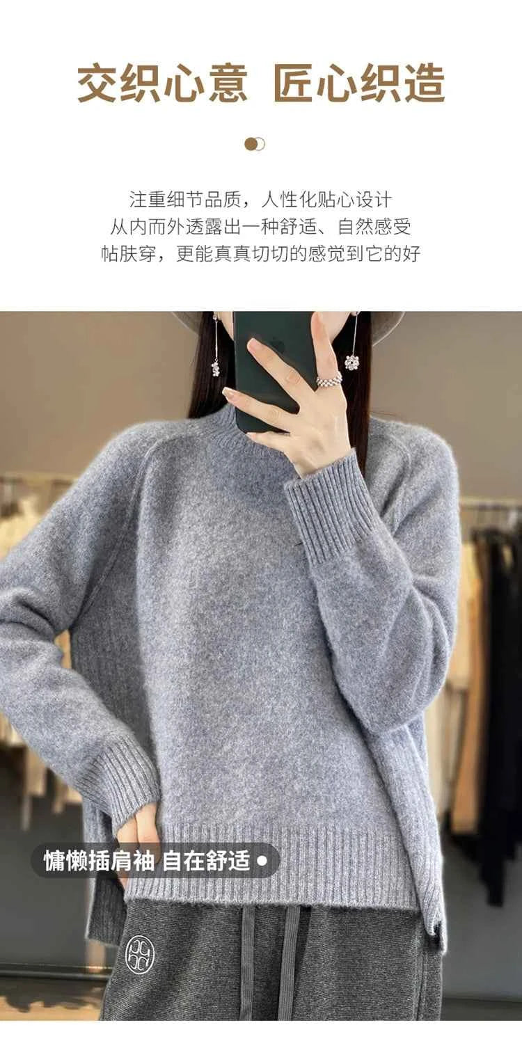 Women's High-Necked Cashmere Sweater 100% Soft Wool Thickened Lazy Raglan Sweater with Slit for Autumn Winter Comfortable Waxy W