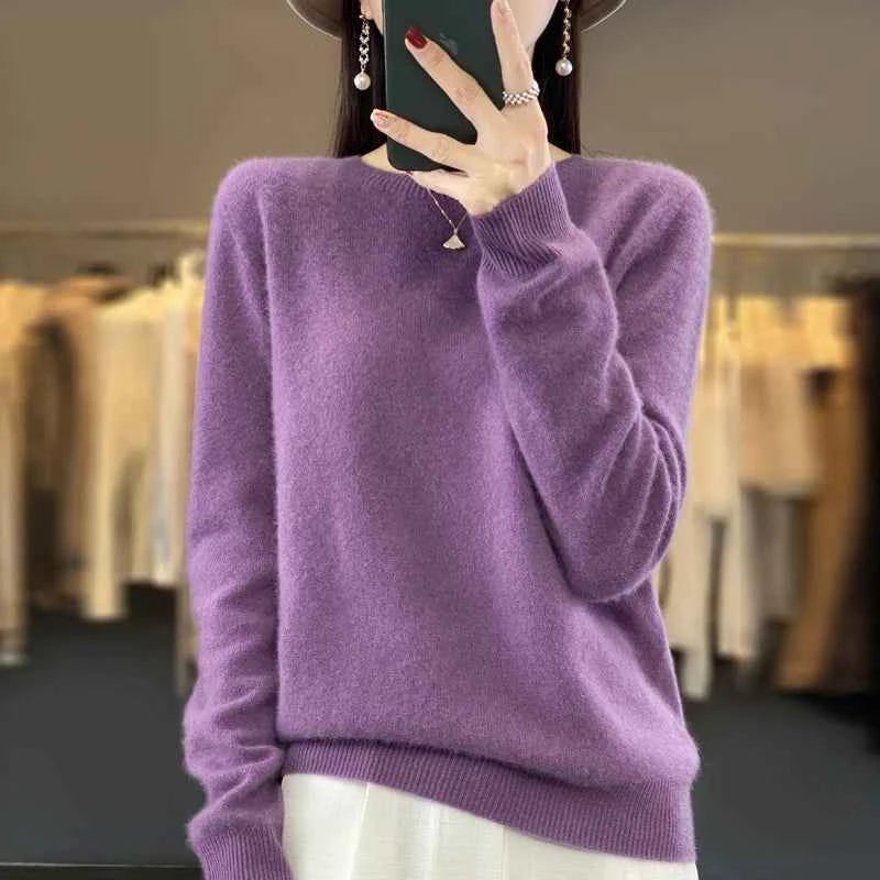 100% Merino Wool Sweater Women O-neck Cashmere Knitwear Female Pullover Autumn Winter Casual Tops Solid Color Soft Clothing